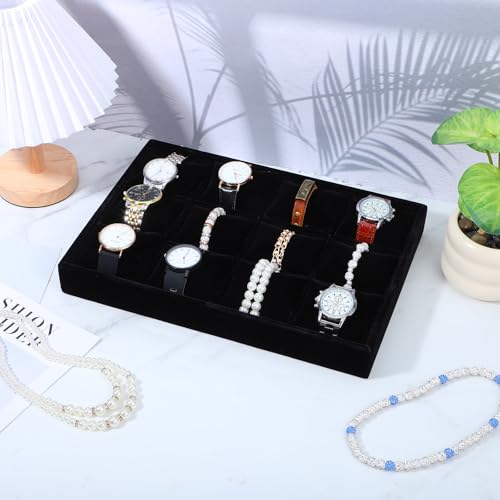 2 Pack 12 Grid Velvet Watch Tray Organizer with Removable Pillows - Stackable Bracelet & Bangle Display Holder for Drawer, Store, or Travel - Black
