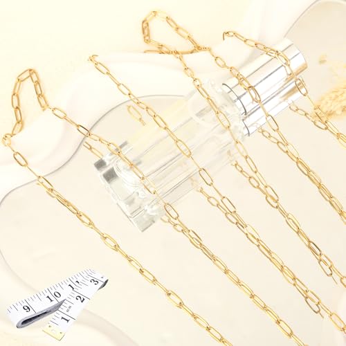 16Ft Stainless Steel Paperclip Chain for Jewelry Making, 3.5mm Width Gold Plated Paper Clip Link Chains Roll for DIY Necklace Bracelet Jewelry Making Supplies with Lobster Clasps Soft Tape Measure - color: Paperclip 3.5mm Gold