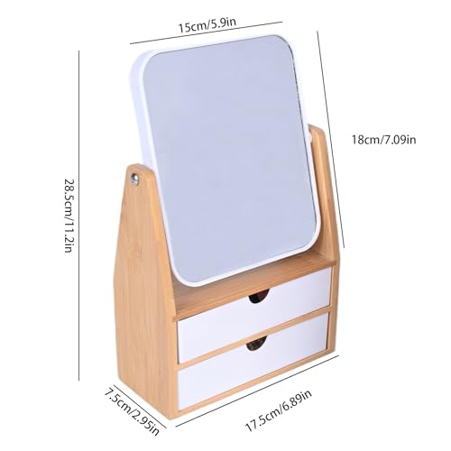 1x / 5X Magnifying Makeup Mirror, Jewelry and Cosmetics Storage Box with Double Drawers, Adjustable Natural Bamboo Stand, 360° rotatable Vertical Desktop Mirror (1, Rectangle)