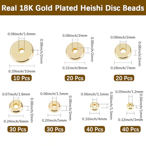 Beebeecraft 190Pcs Disc Spacer Beads 3/4/5/6/7/8/10mm 18K Gold Plated Brass Flat Round Spacers Rondelle Heishi Beads for Summer Stackable Bracelet Necklace Jewelry Making