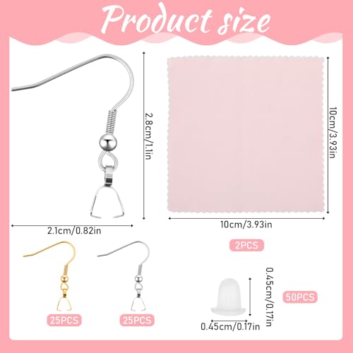 Stainless Steel Earring Hooks 100 Pieces DIY Earrings Making Kit, 50 Silver and Gold Earrings Hooks with 50 Clear Silicone Earring Backs and 2 Polishing Cloth for Jewelry Making