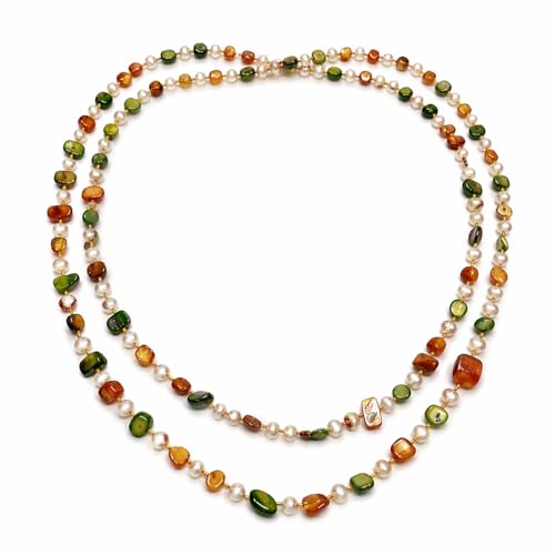 Long Boho Beaded Necklace for Women, Convertible Layered or Single Strand Necklace, Green Brown Irregular Stone Bead Necklace, Vintage Vacation Statement Jewelry