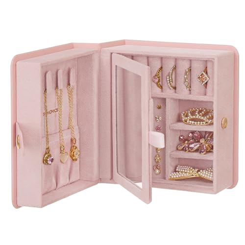 SONGMICS Jewelry Box Organizer with Mirror, Travel Jewelry Case with Pocket for Bracelet, Interlayer, 4.6 x 5.2 x 2.8 Inches, Portable, Book Design, Faux Suede Lining, Gift Idea, Jelly Pink UJBC189R01 - color: Jelly Pink, size: 4.6"D x 5.2"W x 2.8"H, styl