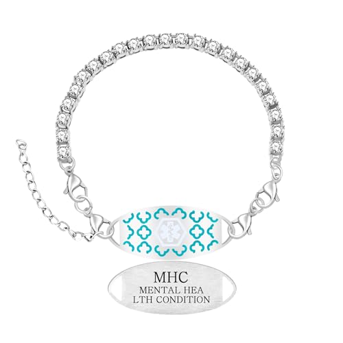 Women's Medical ID Bracelet with White Zircon Tennis Chain, Interchangeable Engraved Plate, Adjustable Lobster Clasp, Lightweight, Hypoallergenic, for Running, Outdoor, Daily Wear - color: Green-MENTAL HEALTH CONDITION