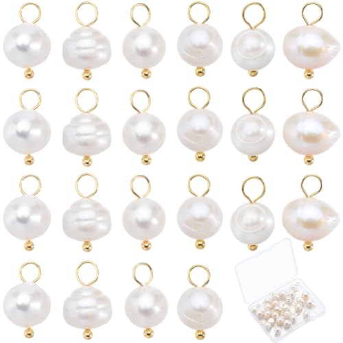 SUNNYCLUE 1 Box 30Pcs Gold Pearls Charms Pearl Connector Beads 304 Stainless Steel Loops Round Natural Freshwater Small Bead Charms for Jewelry Making Craft Bracelet Earrings Accessories Beginner - color: Gold, White, size: 14mm