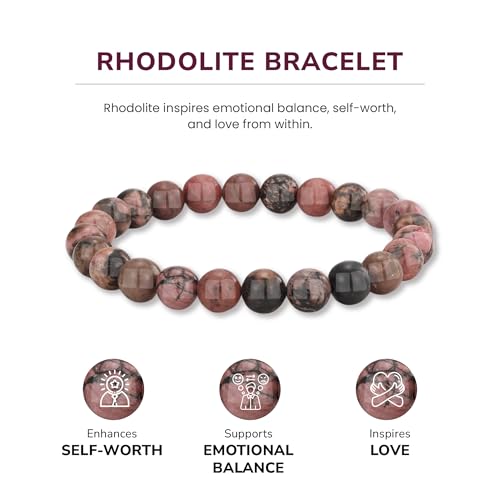 Crystal Vibe 8mm Beaded Bracelets For Women Men - Healing Crystal Bracelet - Adjustable Size - color: rhodolite