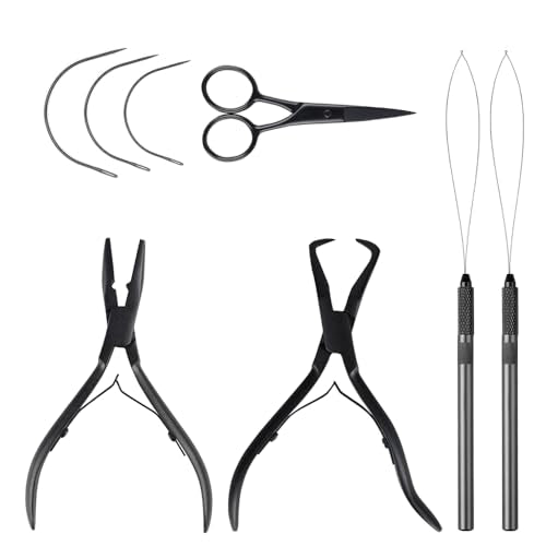 Hair Extension Pliers Kit Microlink Pliers for Extensions Hair Extension Beading Tool Hair Needle Pulling Hook Hair Styling Bead Closer and Remover Pliers - color: Black
