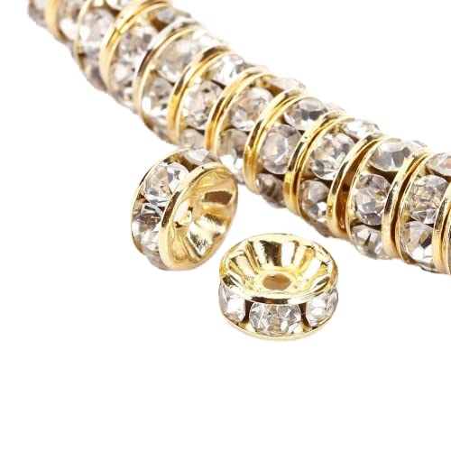 Allb 100Pcs Rondelle Spacer Beads 10mm Silver Plated Czech Crystal Rhinestone for Jewelry Making Loose Beads for Bracelets, gold - color: gold, size: 10mm