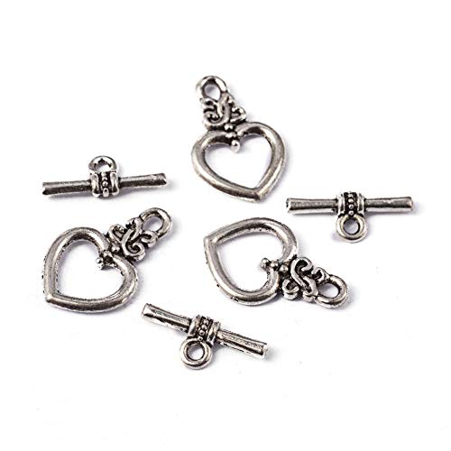 Craftdady 20 Sets Antique Silver Heart Toggle Clasps Tibetan T Bar Closure End Clasps for Bracelet Necklace Making - color: Antique Silver, 21x13mm