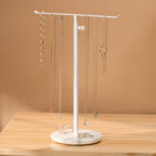 White Necklace Holder Jewelry Organizer Stand – Adjustable Height T‑Bar Jewelry Display with White Marble Base, Necklace & Bracelet Holder, Countertop Jewelry Tree - color: White