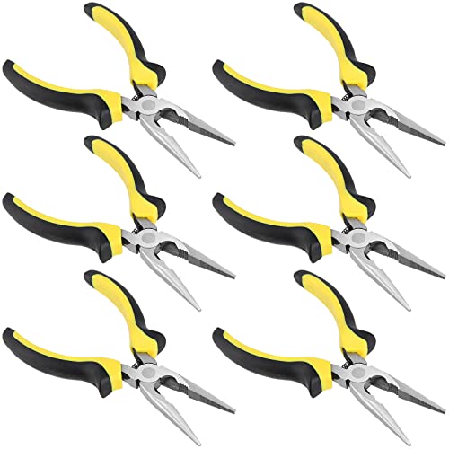 MUKCHAP 6 Pack 6 Inch Needle Nose Pliers, Spring Loaded Long Nose Pliers with Wire Cutter, Plastic Handle Needle Nose Pliers with Strippers for Cutter and Bending Wire, Black Yellow