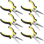 MUKCHAP 6 Pack 6 Inch Needle Nose Pliers, Spring Loaded Long Nose Pliers with Wire Cutter, Plastic Handle Needle Nose Pliers with Strippers for Cutter and Bending Wire, Black Yellow