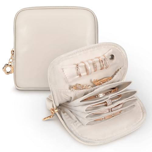 SITHON Small Travel Jewelry Case with Ring Holder, Mini Velvet Jewelry Pouch Bags, Compact Storage Organizer for Bracelet Necklaces Earrings Travel Essentials, Mother’s Day Gifts (Cream White) - color: Cream White