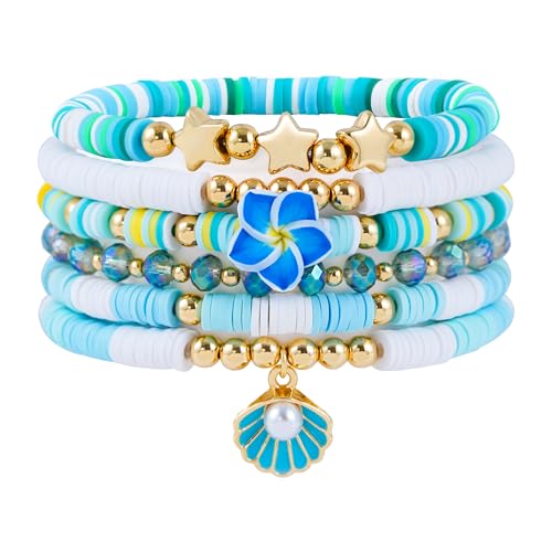 RISHEGAE Heishi Beaded Stretch Bracelets for Women Stackable Polymer Clay Beads Bracelets Friendship Boho Summer Beach Bracelet Jewelry Set - color: F-Blue Flower