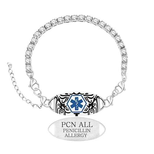 Women's Medical ID Bracelet with White Zircon Tennis Chain, Interchangeable Engraved Plate, Adjustable Lobster Clasp, Lightweight, Hypoallergenic, for Running, Outdoor, Daily Wear - color: Blue-PENICILLIN ALLERGY