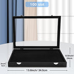 OSPNIEEK Ring Jewelry Organizer Box, 100 Slot Rings Display Storage Case Earring Showcase - Black Velvet Jewelry Stand Holder Tray with Transparent Glass Lid - Ideal Gift for Women Girls - size: 100 Slot