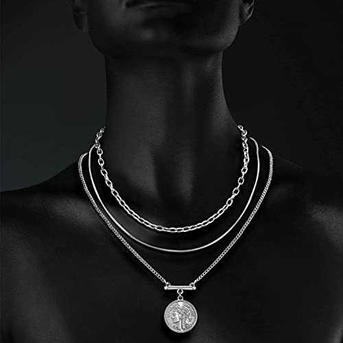 LANE WOODS Gold Plated Necklaces for Women - Multilayer Coin Medallion Pendant Necklace Adjustable Layering Choker Necklaces Chain Set Jewelry - style: Coin Medallion-Silver