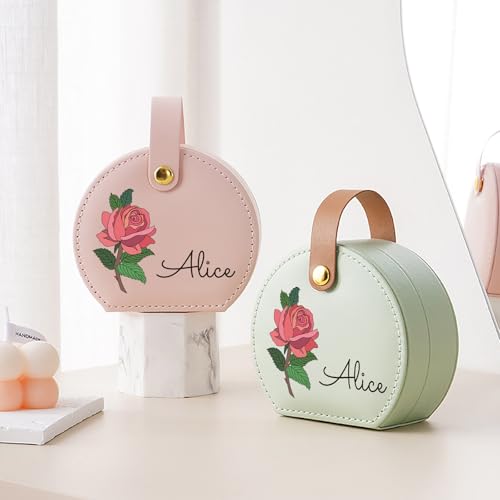 Personalized Travel Jewelry Case, Custom Leather Customized Jewelry Organizer Box w/Name & Birth Flower Month - Birthday Gifts for Women Mom Jewelry Travel Case - style: 01-Birthflower
