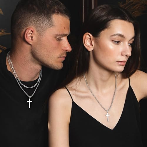 LUXEJEW Cross Necklace for Men Boys - Gold Silver Black Stainless Steel Cross Pendant Necklaces Layered Cuban Link Chain Necklace Jewelry Gifts 16 18 20 22 24 Inches - color: Silver, size: 22in/24in, style: Style A-Small Pendant