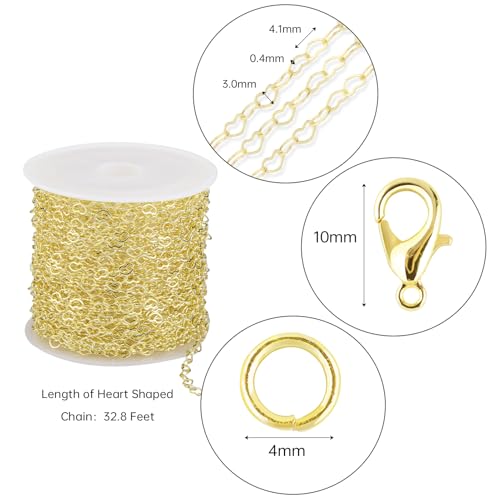 Crisjanggo 32.8 Feet 14K Gold Plated Brass Chains for Jewelry Making Chains Roll with Jump Rings and Lobster Clasps Gold Heart Shaped Jewelry DIY Craft Chains - color: Heart Gold