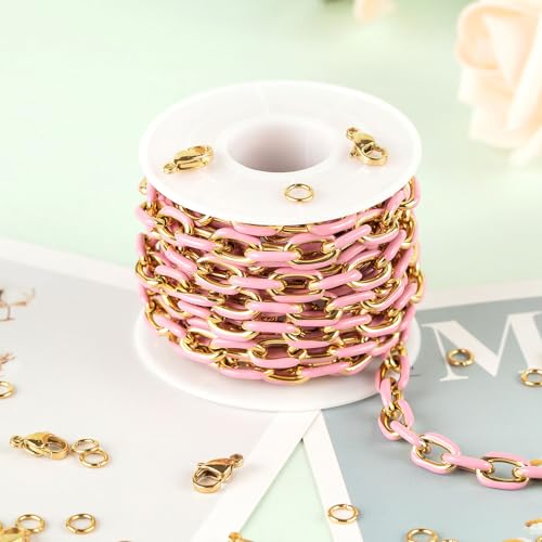 UMAOKANG 2 Meters Pink Enamel Paperclip Chains for Jewelry Making Gold Plated Stainless Steel Jewelry Chain for Necklace Bracelet DIY Jewelry Supplies Findings - color: Pink