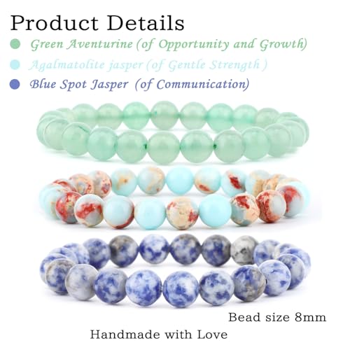 2/3-Pieces 4mm 6mm 8mm Natural Crystal Gemstone – Handmade Reiki Energy Healing Stretch Bracelets Jewelry for Yoga, Meditation, Unisex - color: 3 Pieces (AgalmatoliteJasper&BlueSpot&GreenAventurine), size: 8mm