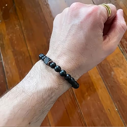 Elastic Adjustable Mens Bracelet - 8mm Black Onyx & Lava Stone Beads Bracelets Jewelry Gift for Men, Beads Charm Bracelet with Elastic Cord, Birthday Gifts for Him Dad Husband