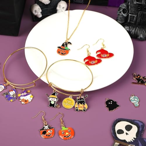 MARFOREVER 120 PCS Halloween Charms for Jewelry Making, Assorted Halloween Ghost Skeleton Bat Witch Pumpkin Skull Enamel Charm Pendants for Bracelet Necklace Earrings Making DIY Crafts Gifts - style: Halloween