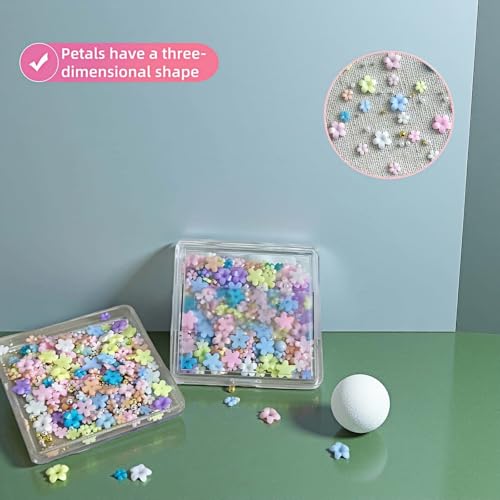 250-300 Pieces 3D Nail Art Flowers Flat Back Charms, Mixed Colors, 0.12-0.24 Inch Mix Color Petals with Gold Beads & White Pearls, DIY Nail Gems Rhinestones (Colorful Five Petals)