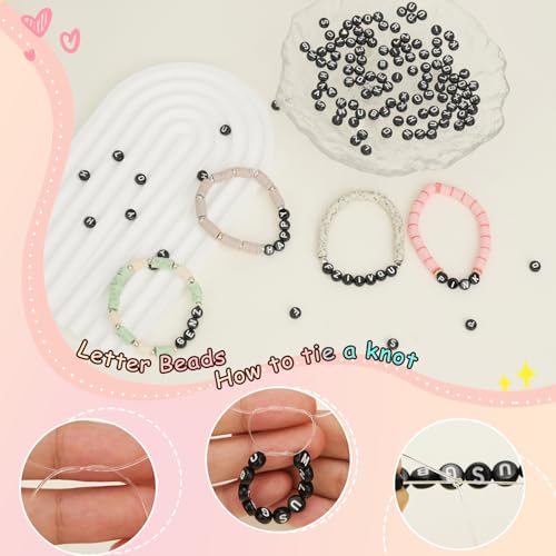 FZIIVQU 1400 Pcs Letter Beads Kit, 28 Styles White Acrylic Alphabet Beads Letter Beads for Jewelry Making wiht Number Beads Heart Beads Friendship Bracelet Kit - color: White Letters & Black Base, size: 4*7mm