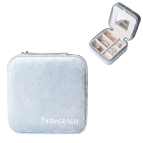 Customizable Compact Velvet Jewelry Box with Mirror, Travel Jewelry Case, Travel Jewelry Organizer, Jewelry Box for Women and Girls, Small Jewelry Organizer (Bottom Right Text, Powder Blue) - color: Powder Blue, size: Bottom Right Text Only