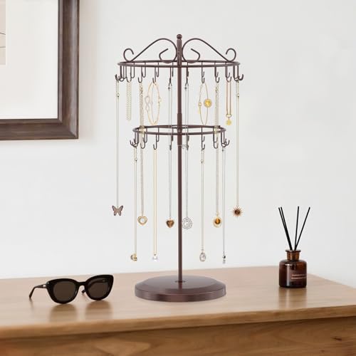 iDavosic.ly 2 Tier Rotating Necklace Holder Organizer with 42 Hooks, Adjustable Metal Bracelet Display Stand Rack, Extra Tall Keychain Spinning Tree Tower for Women, Espresso Brown - color: Satin Espresso
