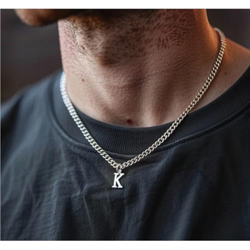 Men’s Minimal Initial Necklace, Stainless Steel Gold Silver Tone 26 Letters Pendant Necklace for Men Women 3.5mm Cuban Chain Waterproof - style: K