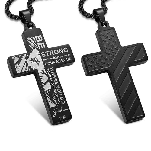 Stainless Steel Cross Necklace for Men American Flag Pendant Chain Christian Catholic Religious Gifts for Him/Son/Father/Teen/Husband Inspirational jesus Bible Verse Jewelry - style: Joshua 1:9
