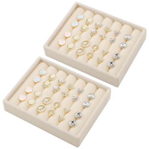 Ewen 2 PCS Mini Stackable Ring Trays for Drawers, 4.72x3.74x0.98in Velvet Display Case with 6 Slots, Small Beige Ring Holder for Storage and Showcase of Various Rings Earrings, Ideal for Gift, Trade - color: Off-white