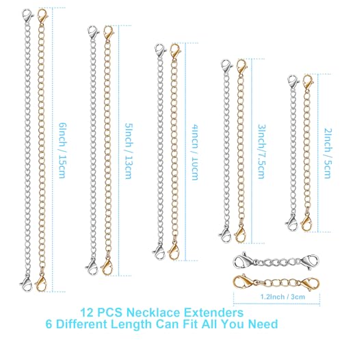 UUBAAR 12 PCS Necklace Extenders - Stainless Steel Necklace Extension Chain for Jewelry, Bracelets & Anklets (6 Gold & 6 Silver, 1"-6" Lengths) - color: Gold & Sliver
