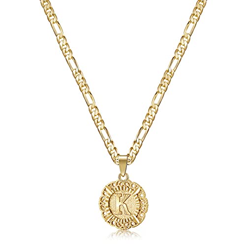 KissYan Initial Necklaces for Women, 14K Gold Plated Round Letter Pendant Capital Monogram Necklace Alphabets from A-Z Figaro Chain Jewelry - color: Gold, style: K