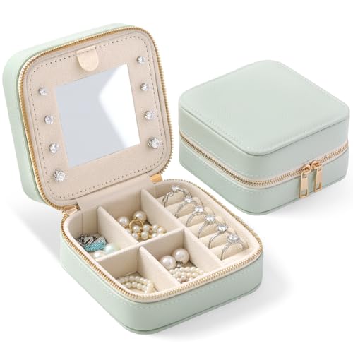 Genuine Leather Travel Jewelry Organizer Case with Mirror for Women, Small Mini Portable Jewelry Box for Ring Earrings Necklace Bracelet Luxury Gift for Women（Mint Green） - color: Lychee Grain Leather Mint Green