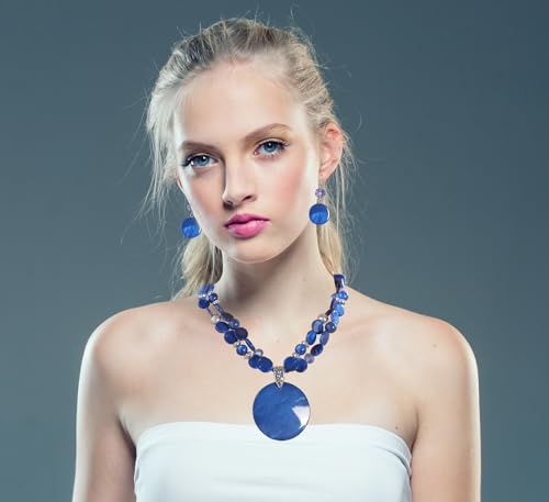 Layered Beads Statement Fashion Necklace Chunky Jewelry Set Big Colorful Glass Stone Circle Shell Pendant Choker Necklace and Earring Set for Women - color: Brown