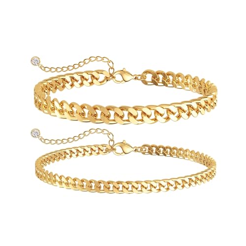 Tewiky Waterproof Ankle Bracelets for Women,Chunky Layered Gold Anklet for Women Non Tarnish Adjustable Cuban Set Stackable Summer Beach Jewelry Gift - color: gold
