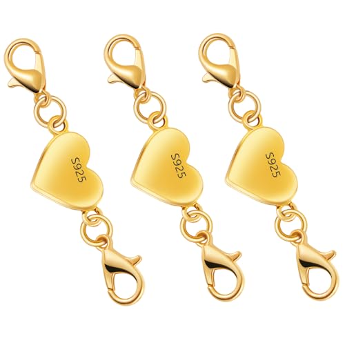 925 Silver Heart-Shaped Magnetic Necklace Clasps and Closures, Magnetic Clasp Converter for Jewelry Making Supplies,Chain Extender Connector for Necklace Bracelet (3pcs Gold) - color: 3pcs gold