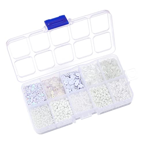Assorted Beads for Jewelry Making, Glass Seed Bugle Tube Beads Loose Sequins Multiple Sizes for Crafts Sewing Jewelry Making - color: white