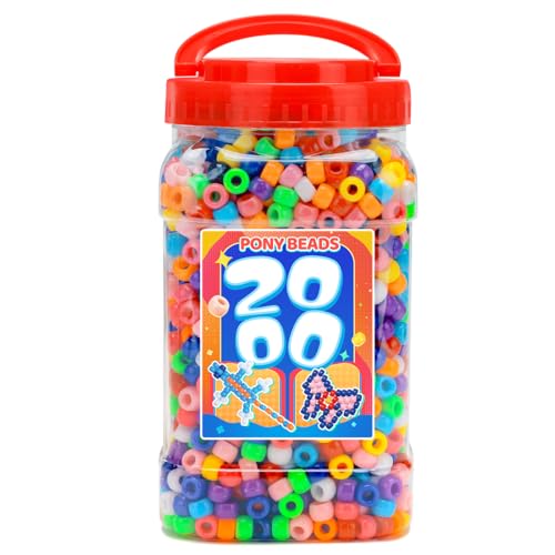 Bundooraking 2000pcs Pony Beads Bulk, Colorful Plastic Beads for Bracelets, Jewelry Making, Crafts, Hair Braiding, Keychains & DIY Projects with Handle Storage Bucket（6x9mm） - color: Classic, size: Medium[2000]