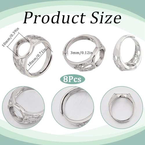 SUNNYCLUE 1 Box 8Pcs Pad Ring Settings Platinum Color Brass Adjustable Ring Blanks Finger Ring Base Rings Components Finger Ring Pad Bezels for Jewelry Making Kits Fit for 10mm Gemstones Cabochons - style: Ring 3