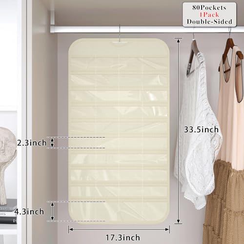 1 Pack Hanging Jewelry Organizer 80-Pocket Dual-sided Jewelry Storage for Earring Necklace Bracelet Ring Travel Holder, Beige - color: Beige