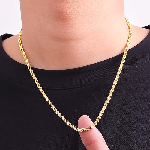 Fiusem 18K Gold Plated Rope Chain for Men, 18K Gold Plated/Black Chain Necklace, Stainless Steel Necklace for Men and Women, Jewelry Gifts - size: 26 Inches, style: Gold 4mm