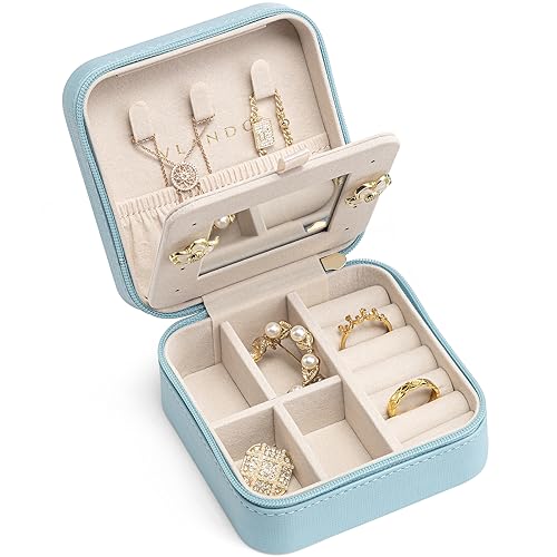 VLANDO Teacher Appreciation Graduation Gifts - Small Travel Jewelry Box Organizer - Display Case for Girls Women Gift Rings Earrings Necklaces Storage with Mirror Blue - color: Blue, size: B. with Mirror