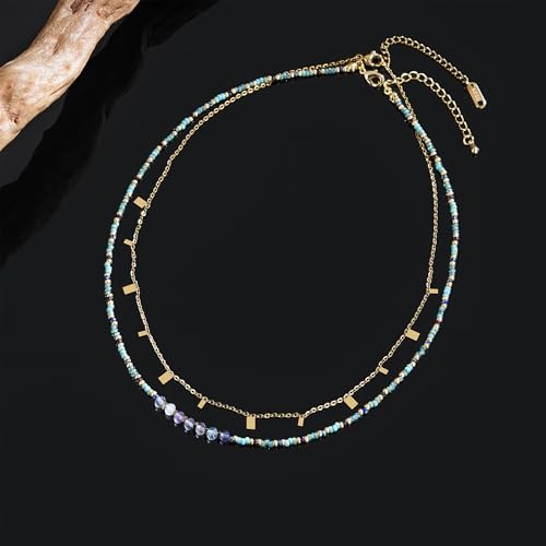 Plumiss Boho Handmade Natural Jasper Stone Beaded Crystal Mixed Strand Short Necklace for Women Girl - color: Fluorite