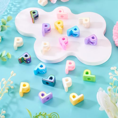 Beadthoven 20pcs Big Letter P Beads Large Hole Bubble Alphabet Acrylic Beads Charm Iridescent Plastic P Shape Loose Chunky Spacers for Jewelry Making Bracelet Necklace Keychains Shoelaces Crafts - color: P