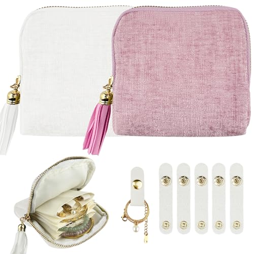 2 Pcs Small Travel Jewelry Case, Portable Soft Jewelry Bags with 6 Compartments Pocket, Organizer Pouch with 6 Anti-Tangle Necklace Organizer for Women Necklace Bracelet Rings Earring Storage - color: Pink &White